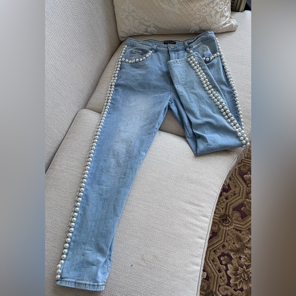 Boston Proper Light Blue Pearl Embellished Jeans - Picture 1 of 4